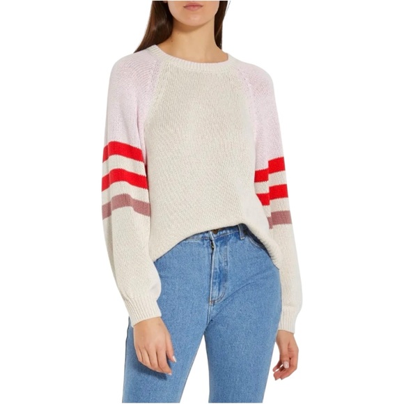 XiRENA Apres Sun Cream Beige Pink Striped Sleeve Loose Fit Cotton Knit Sweater - Picture 4 of 11